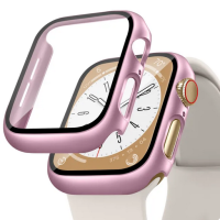 Folie Protectie cu husa pentru Apple Watch Series 7 8 9 45mm, Plastic, Roz Lucios