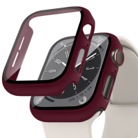 Folie Protectie cu husa pentru Apple Watch Series 7 8 9 45mm, Plastic, Burgundy